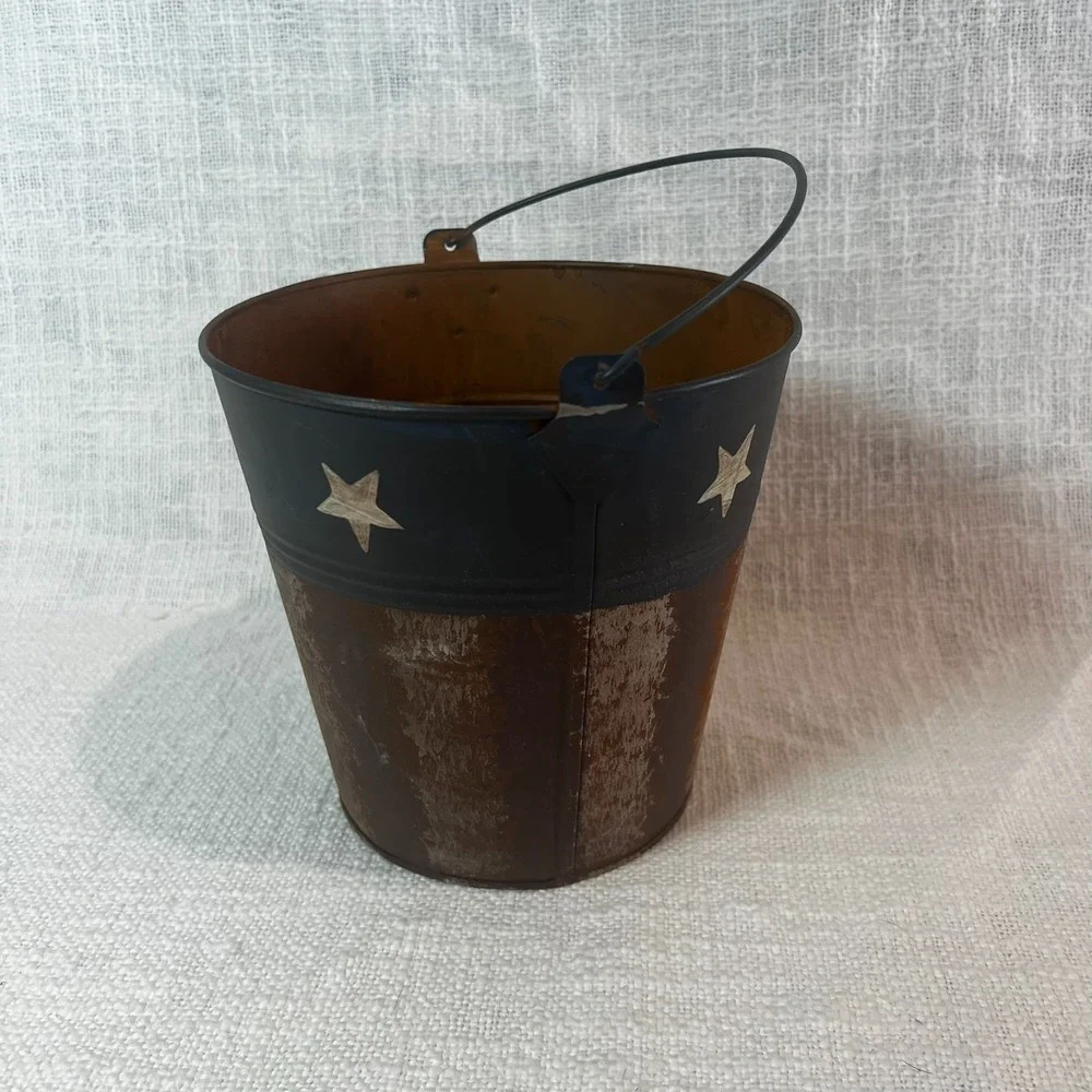 Primitive Rustic American Flag Tin Bucket‎ Holiday Seasonal Decor USA 6.75